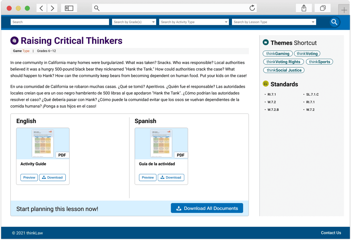 Teacher portal for quick content search, access by tags, and asset downloads.
